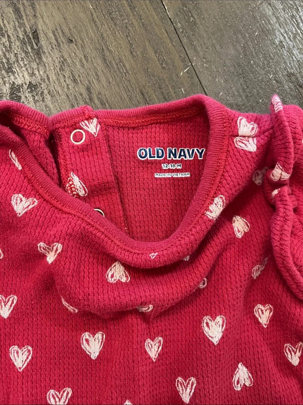 12-18 month Old Navy Pink-Red Heart Print Long-Sleeve Baby One-Piece